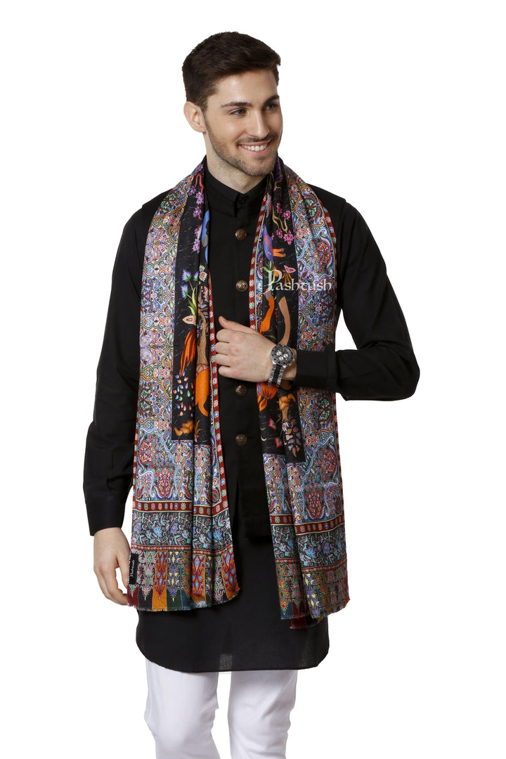 Pashtush India 70x200 PASHTUSH MENS FINE SOFT BAMBOO STOLE, SHIKAARDAR DESIGN - BLACK