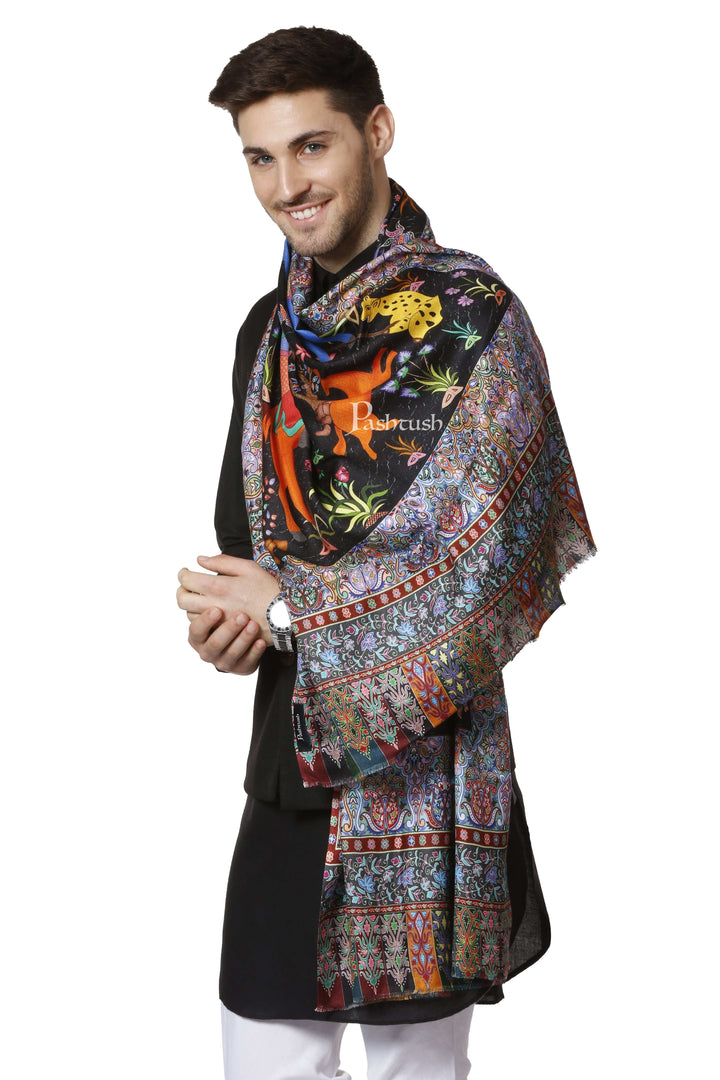 Pashtush India 70x200 PASHTUSH MENS FINE SOFT BAMBOO STOLE, SHIKAARDAR DESIGN - BLACK