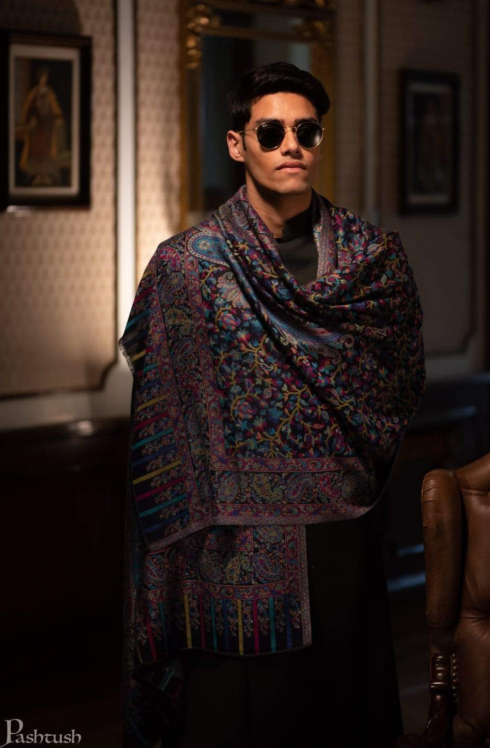 Pashtush Mens Fine Soft Ethnic Stole Multi Blue