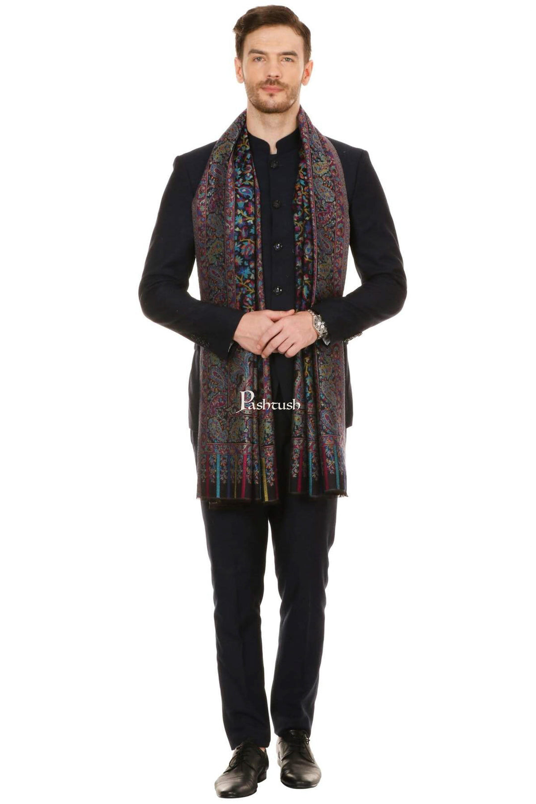 Pashtush India Mens Scarves Stoles and Mufflers Pashtush Mens Fine Soft Ethnic Stole Black