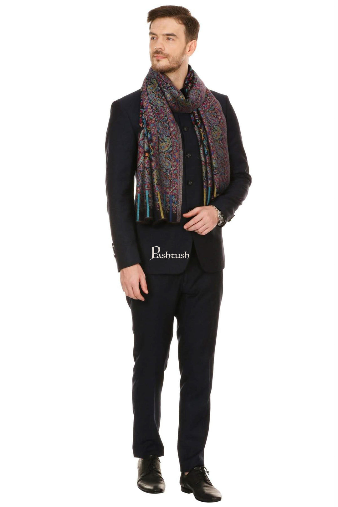Pashtush India Mens Scarves Stoles and Mufflers Pashtush Mens Fine Soft Ethnic Stole Black