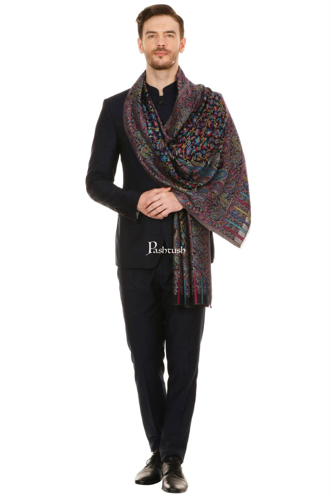 Pashtush India Mens Scarves Stoles and Mufflers Pashtush Mens Fine Soft Ethnic Stole Black