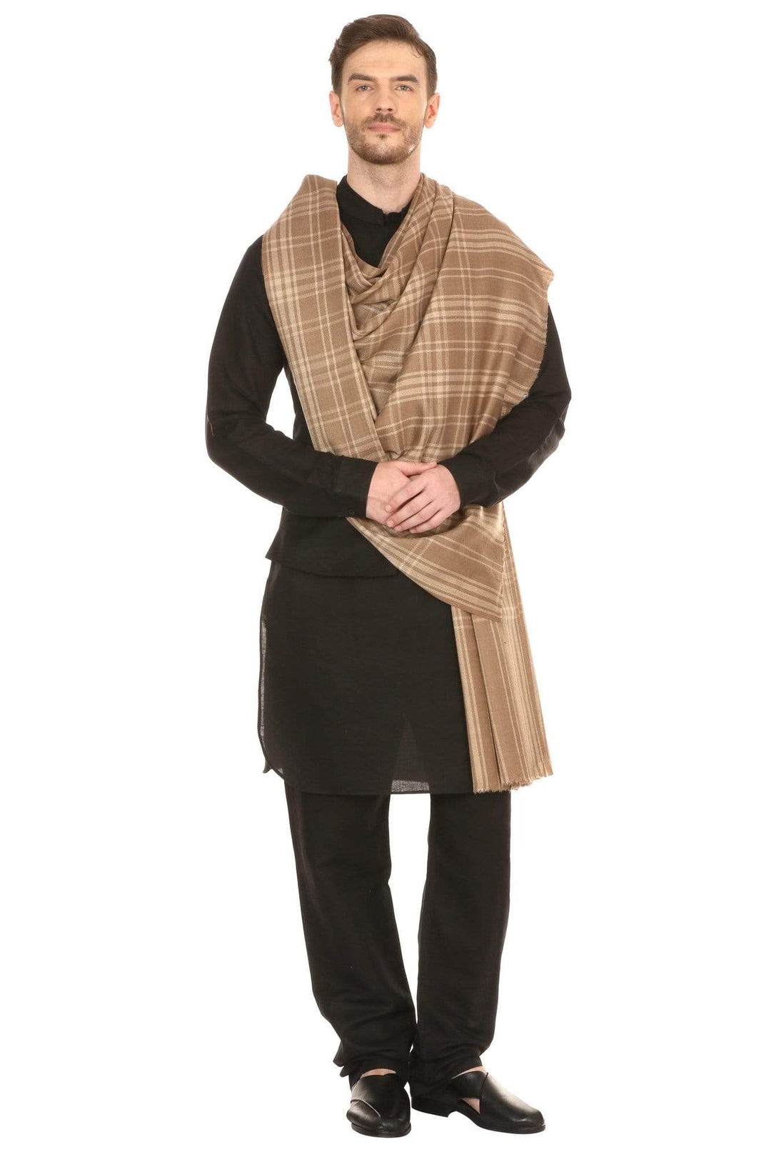 Pashtush India 114x228 Pashtush Mens Fine Wool Checkered Shawl, Extra Soft and Warm - Beige
