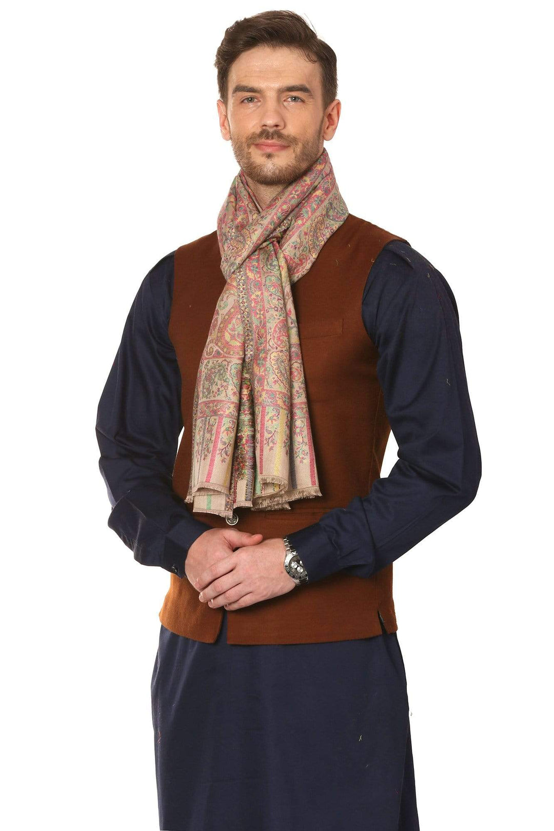 Pashtush Mens Fine Wool Checkered Stole, Extra Soft - Light Beige
