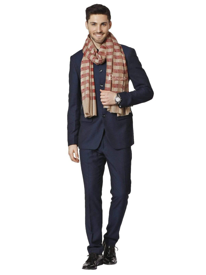 Pashtush India 70x200 Pashtush Mens Fine Wool Checkered Stole, Crimson and Beige