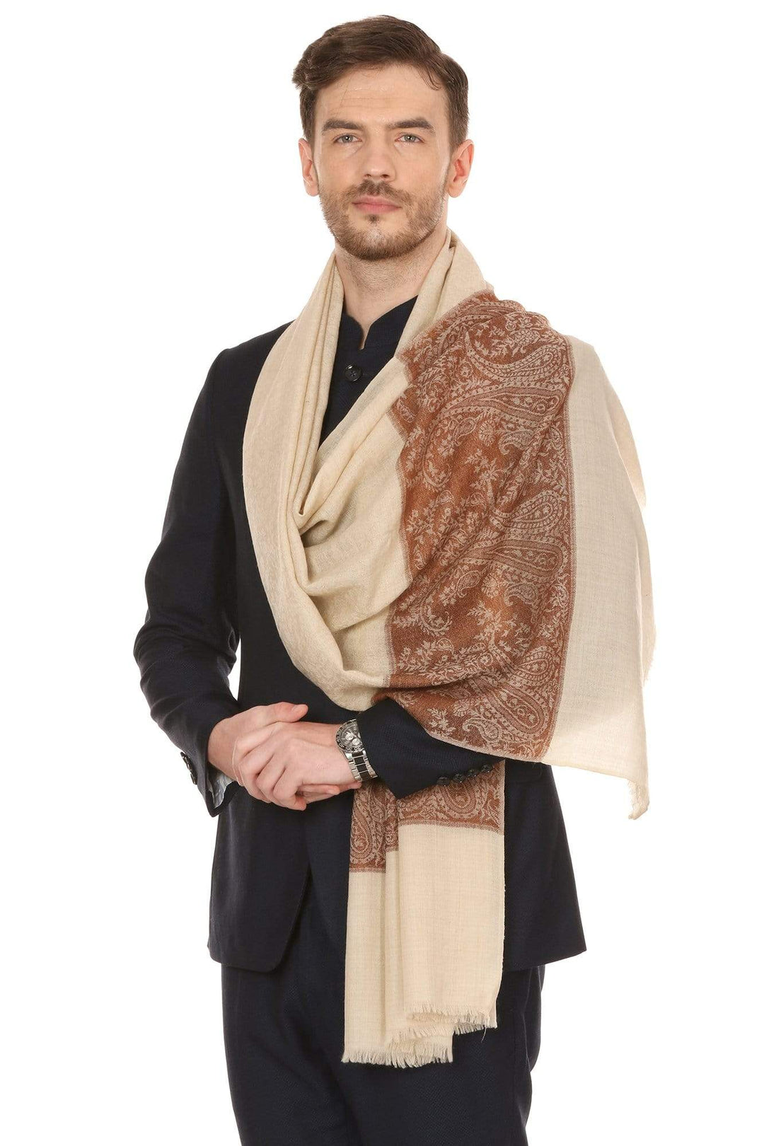 Pashtush Mens Extra Fine Wool Jacquard Stole, Beige