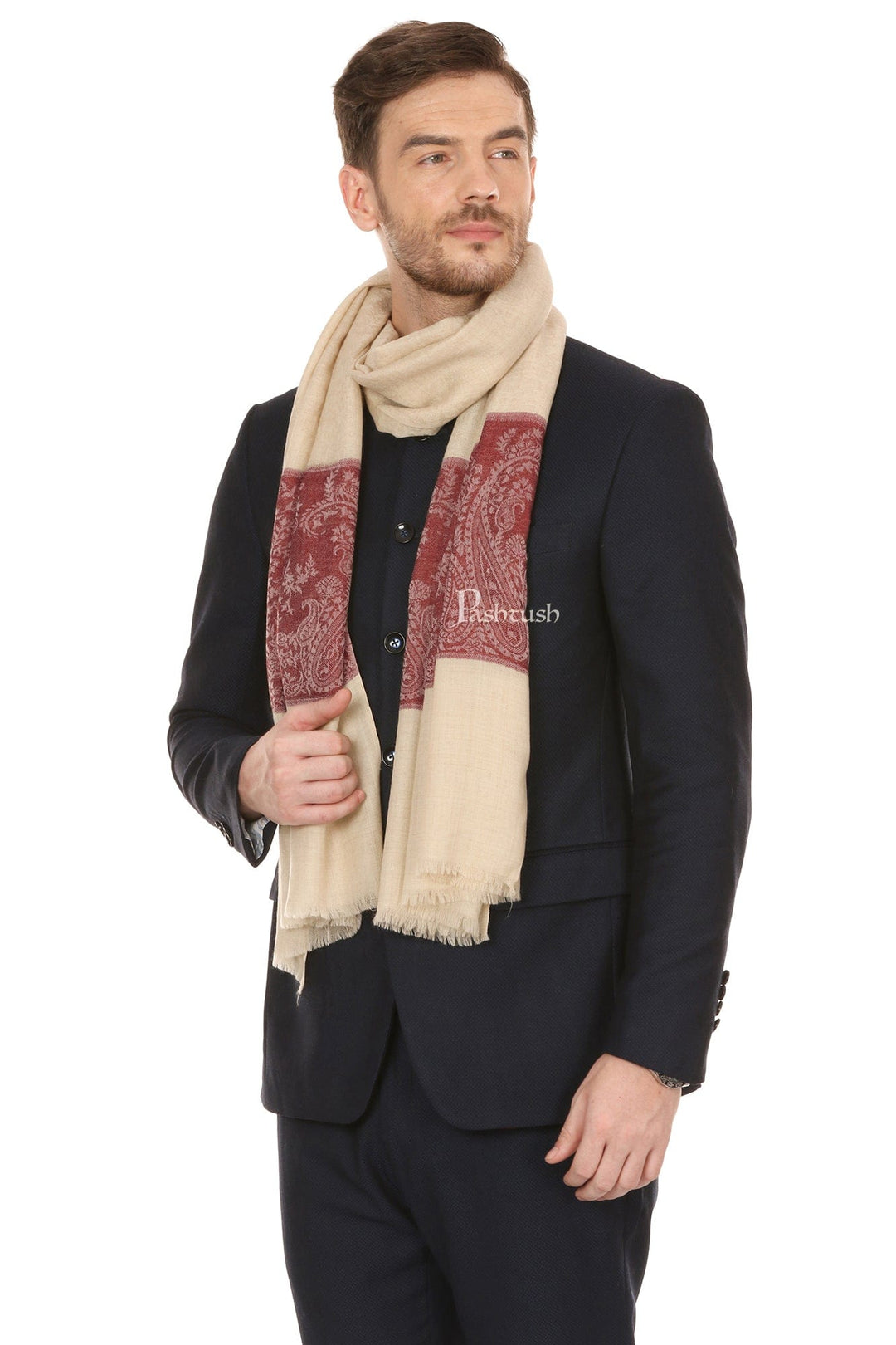 Pashtush India Mens Scarves Stoles and Mufflers Pashtush Mens Fine Wool Jacquard Stole, Beige