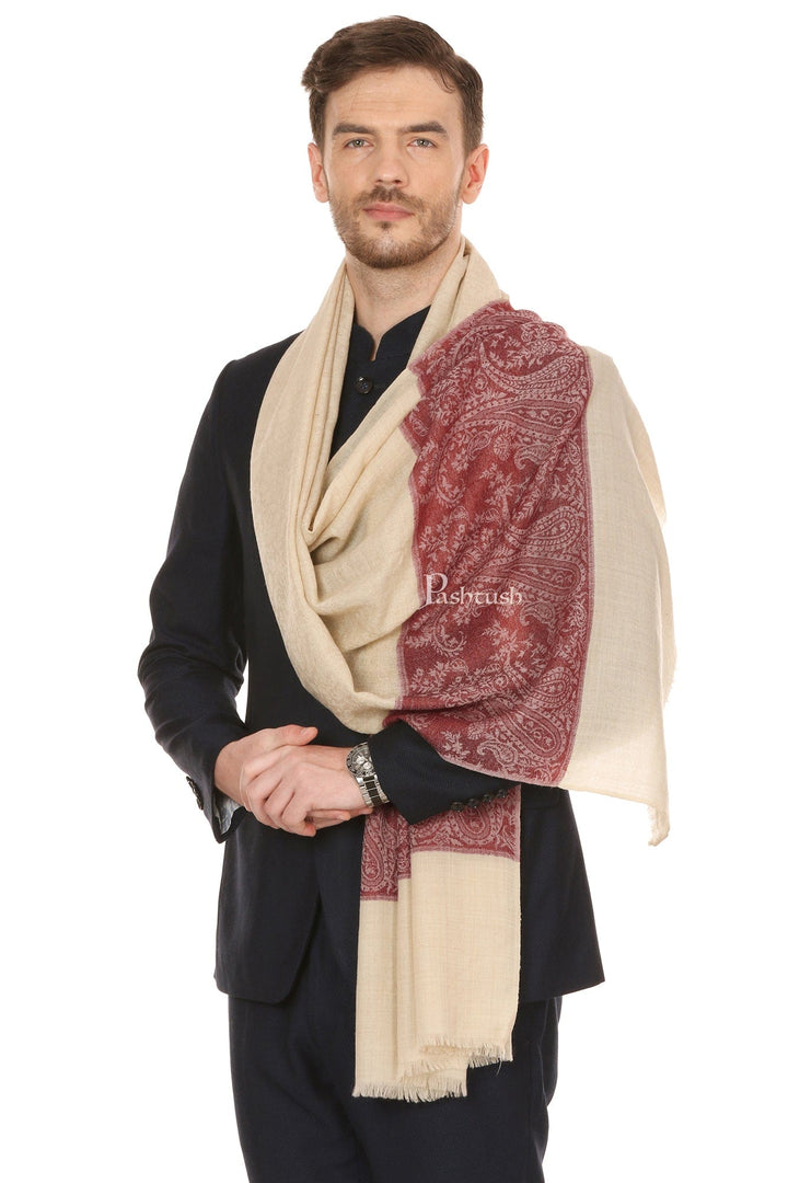 Pashtush India Mens Scarves Stoles and Mufflers Pashtush Mens Fine Wool Jacquard Stole, Beige