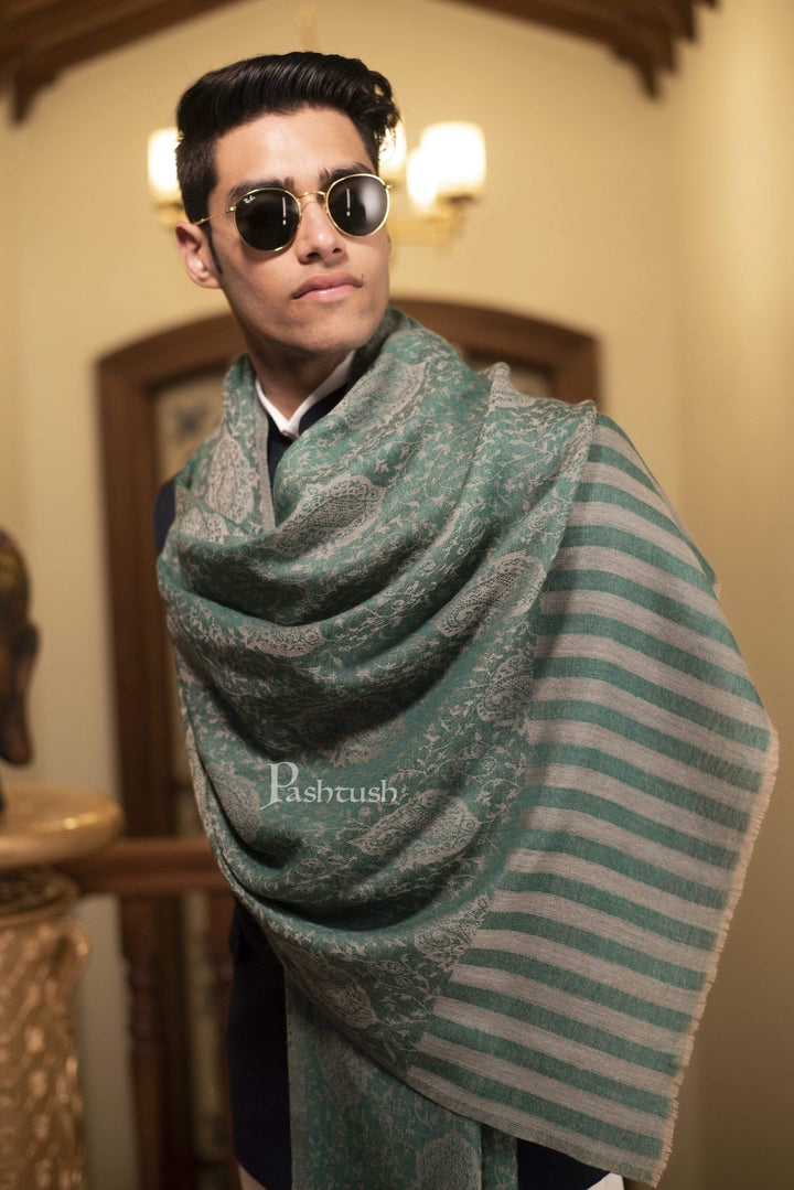 Pashtush India 70x200 Pashtush Mens Fine Wool Jacquard Stole, Bottle Green