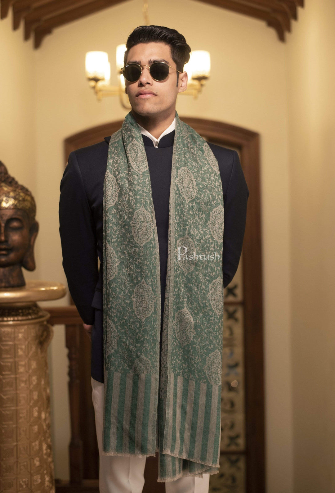 Pashtush India 70x200 Pashtush Mens Fine Wool Jacquard Stole, Bottle Green