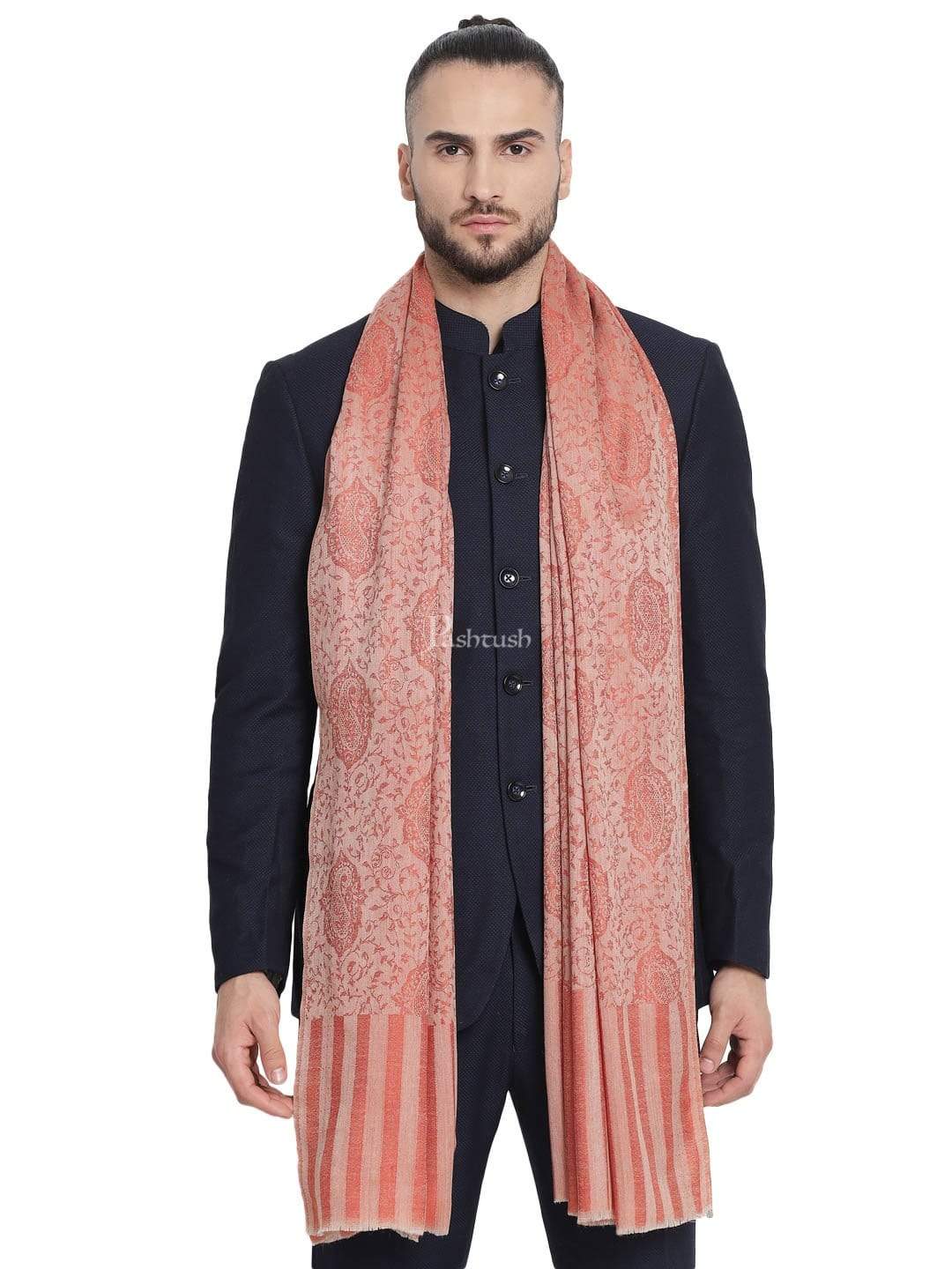 Pashtush India 70x200 Pashtush Mens Fine Wool Jacquard Stole, Bottle Peach