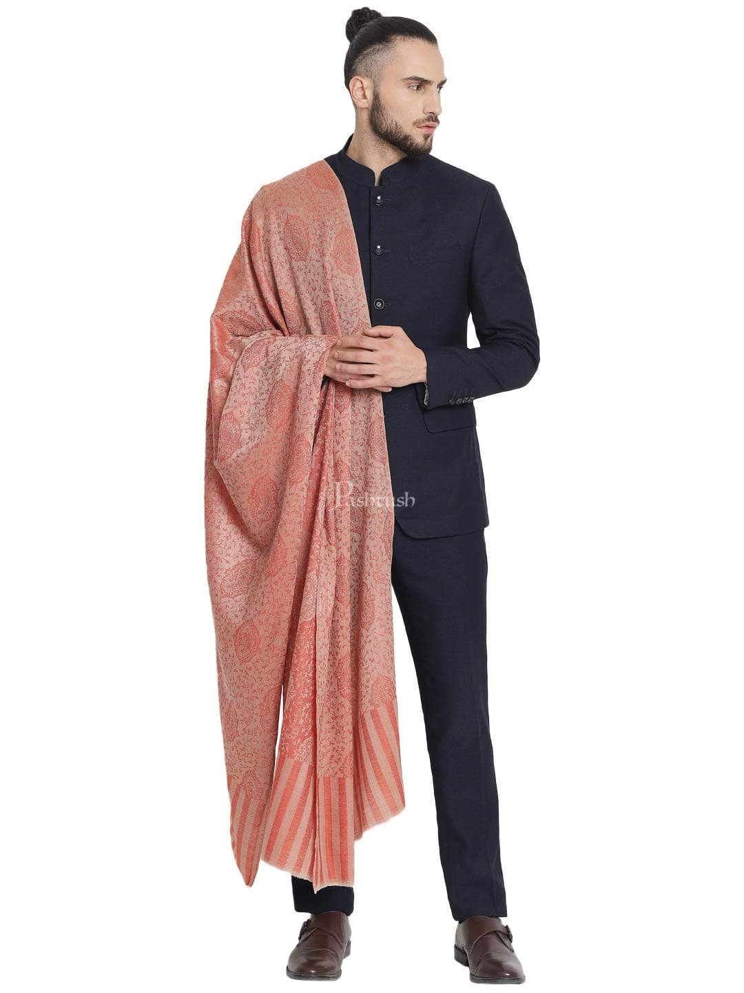 Pashtush India 70x200 Pashtush Mens Fine Wool Jacquard Stole, Bottle Peach