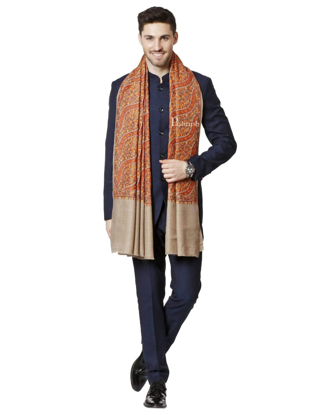 Pashtush India 100x200 PASHTUSH MENS FINE WOOL , KASHMIRI SOZNI EMBROIDERY STOLE