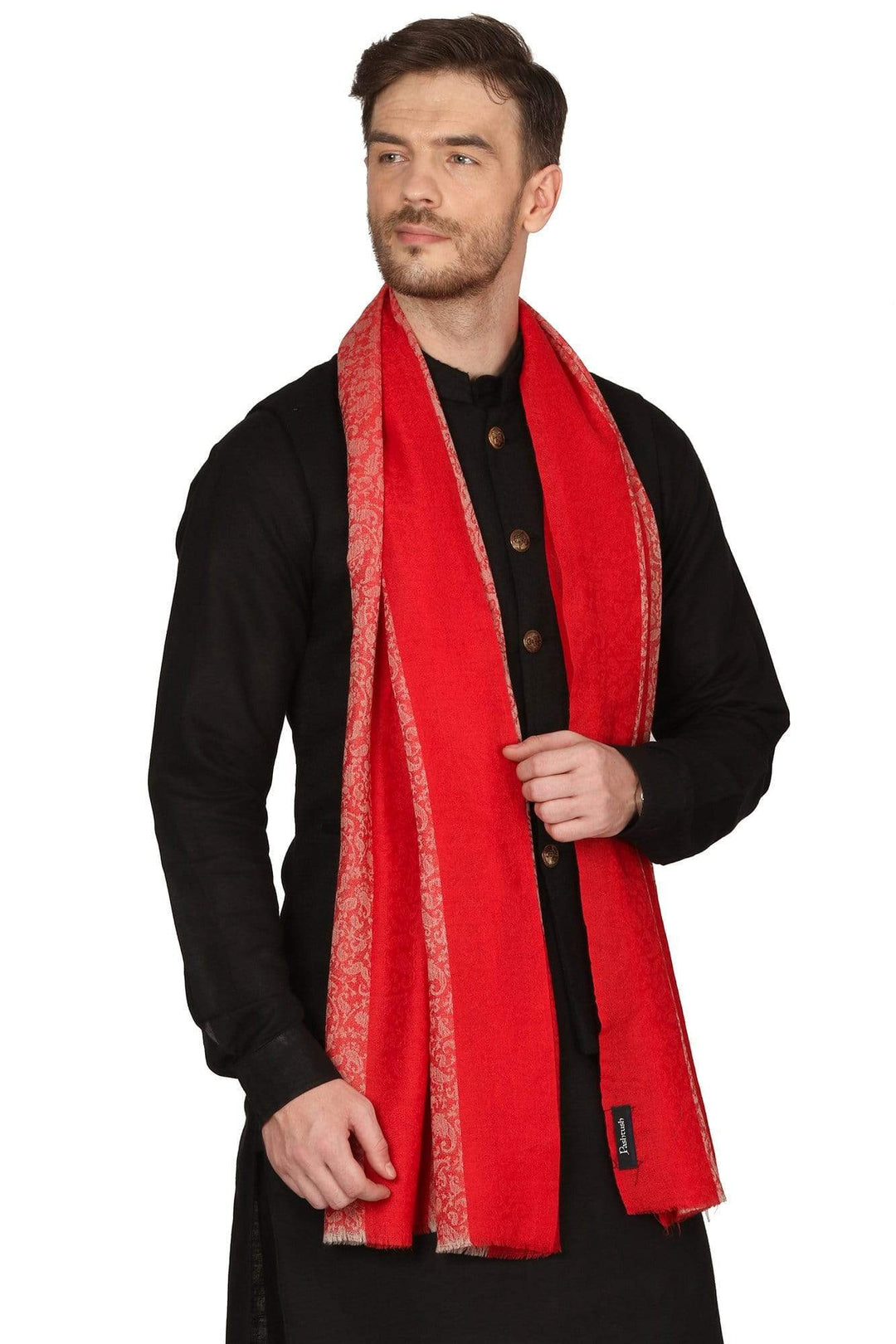 Pashtush India 70x200 Pashtush Mens Fine Wool Reversible Muffler, Soft and Warm - Red