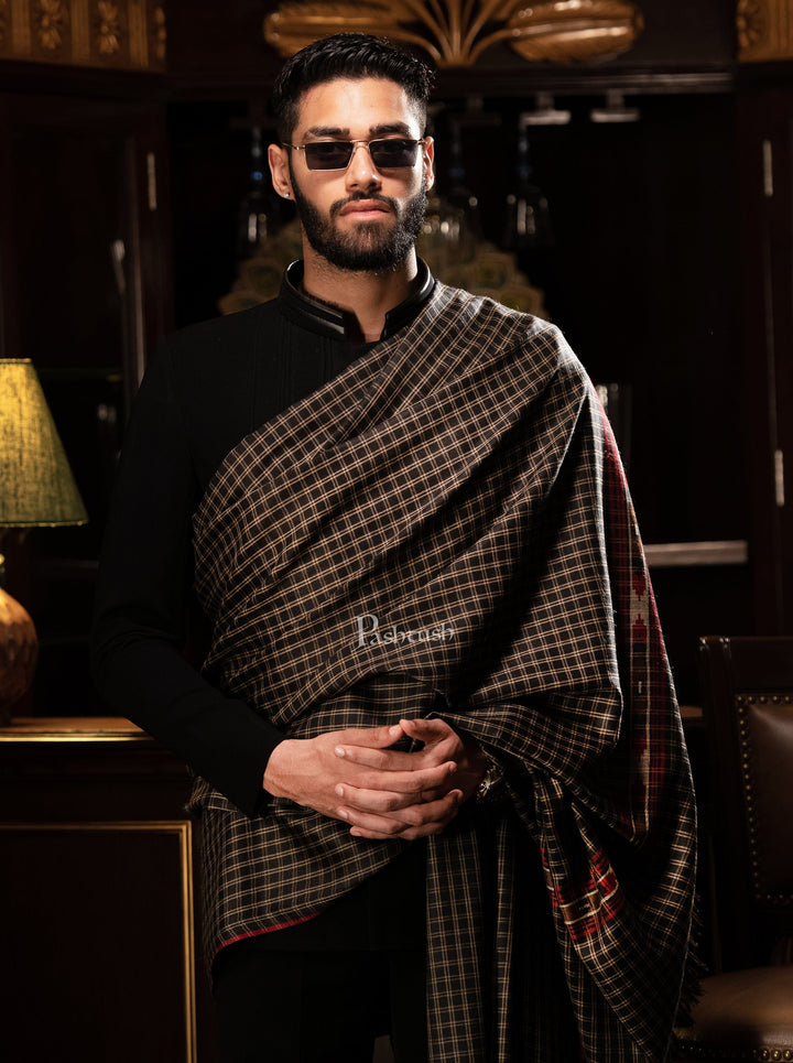 Pashtush India Mens Shawls Gents Shawl Pashtush mens Fine Wool shawl, Checkered Weave design, Black