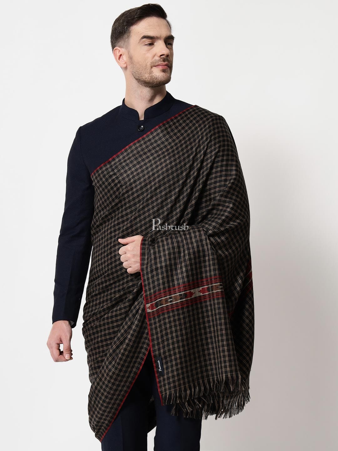 Pashtush India Mens Shawls Gents Shawl Pashtush mens Fine Wool shawl, Checkered Weave design, Black