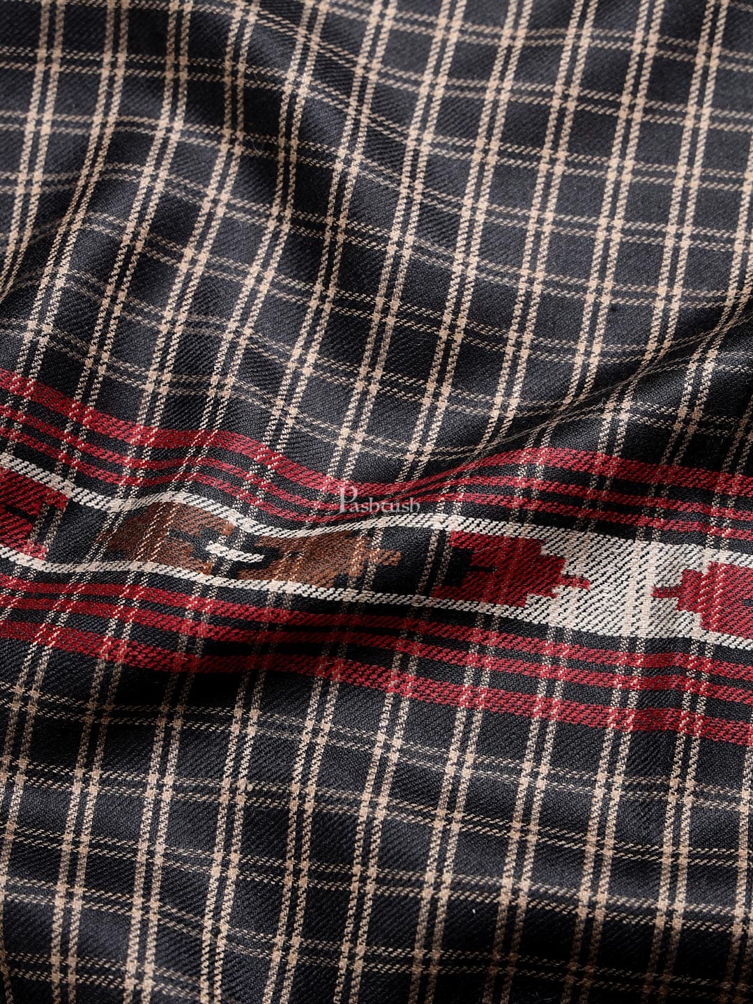 Pashtush India Mens Shawls Gents Shawl Pashtush mens Fine Wool shawl, Checkered Weave design, Black
