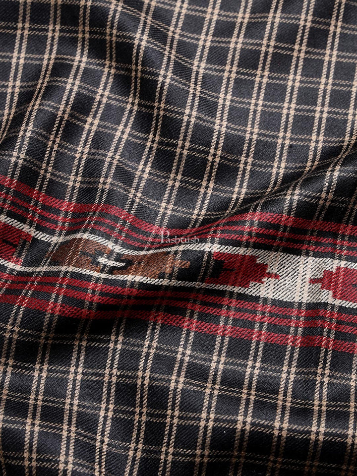 Pashtush India Mens Shawls Gents Shawl Pashtush mens Fine Wool shawl, Checkered Weave design, Black