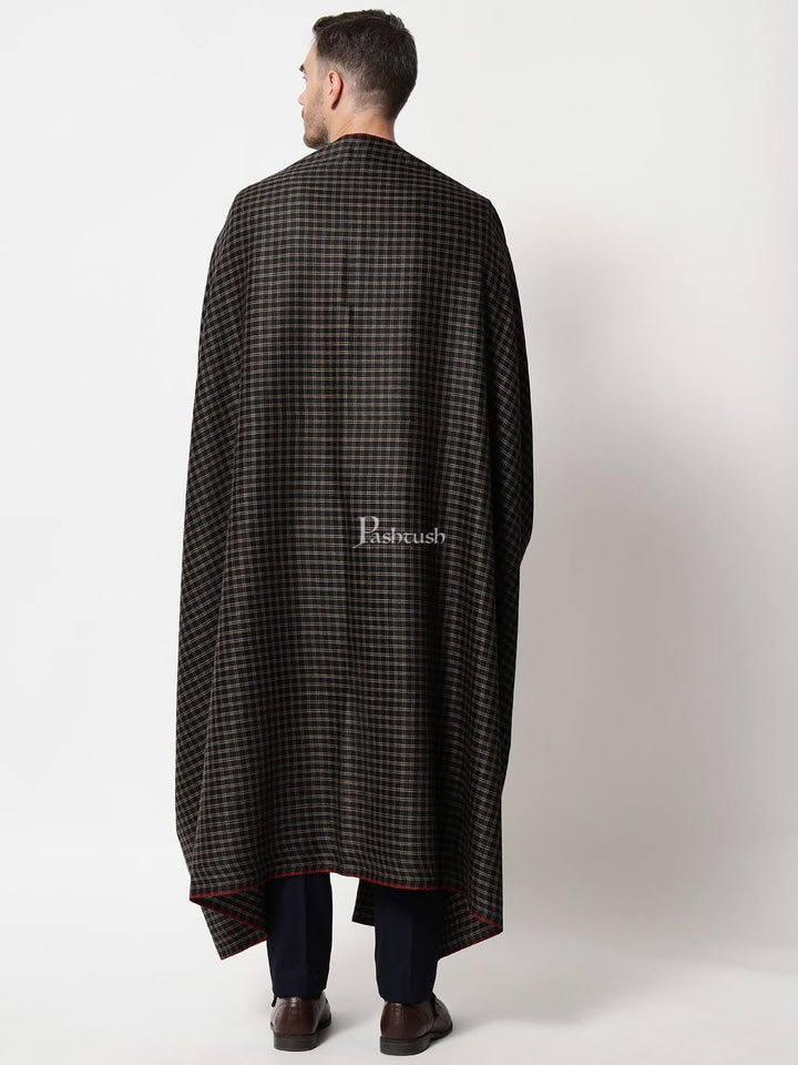 Pashtush India Mens Shawls Gents Shawl Pashtush mens Fine Wool shawl, Checkered Weave design, Black