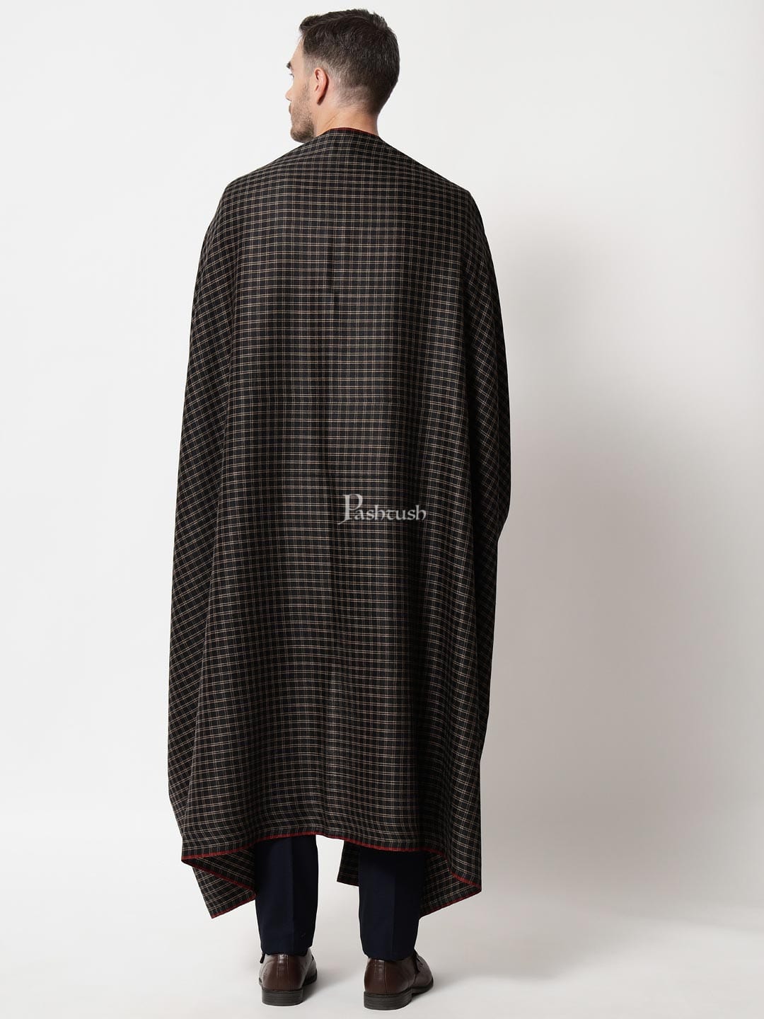 Pashtush India Mens Shawls Gents Shawl Pashtush mens Fine Wool shawl, Checkered Weave design, Black