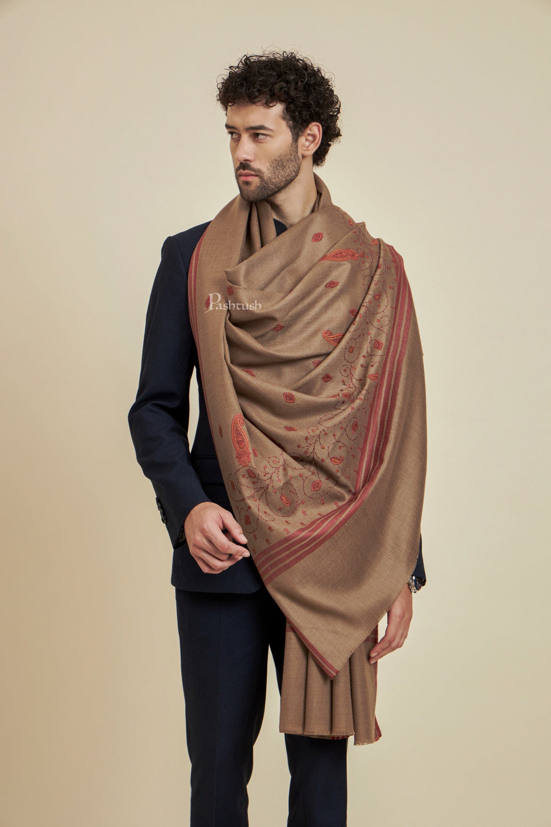 Pashtush India Mens Scarves Stoles and Mufflers Pashtush Mens Fine Wool Shawl,  Design, Taupe