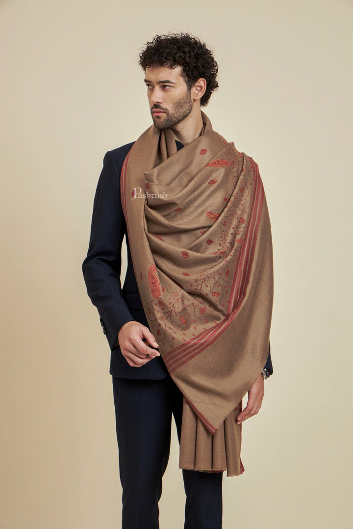 Pashtush India Mens Scarves Stoles and Mufflers Pashtush Mens Fine Wool Shawl,  Design, Taupe