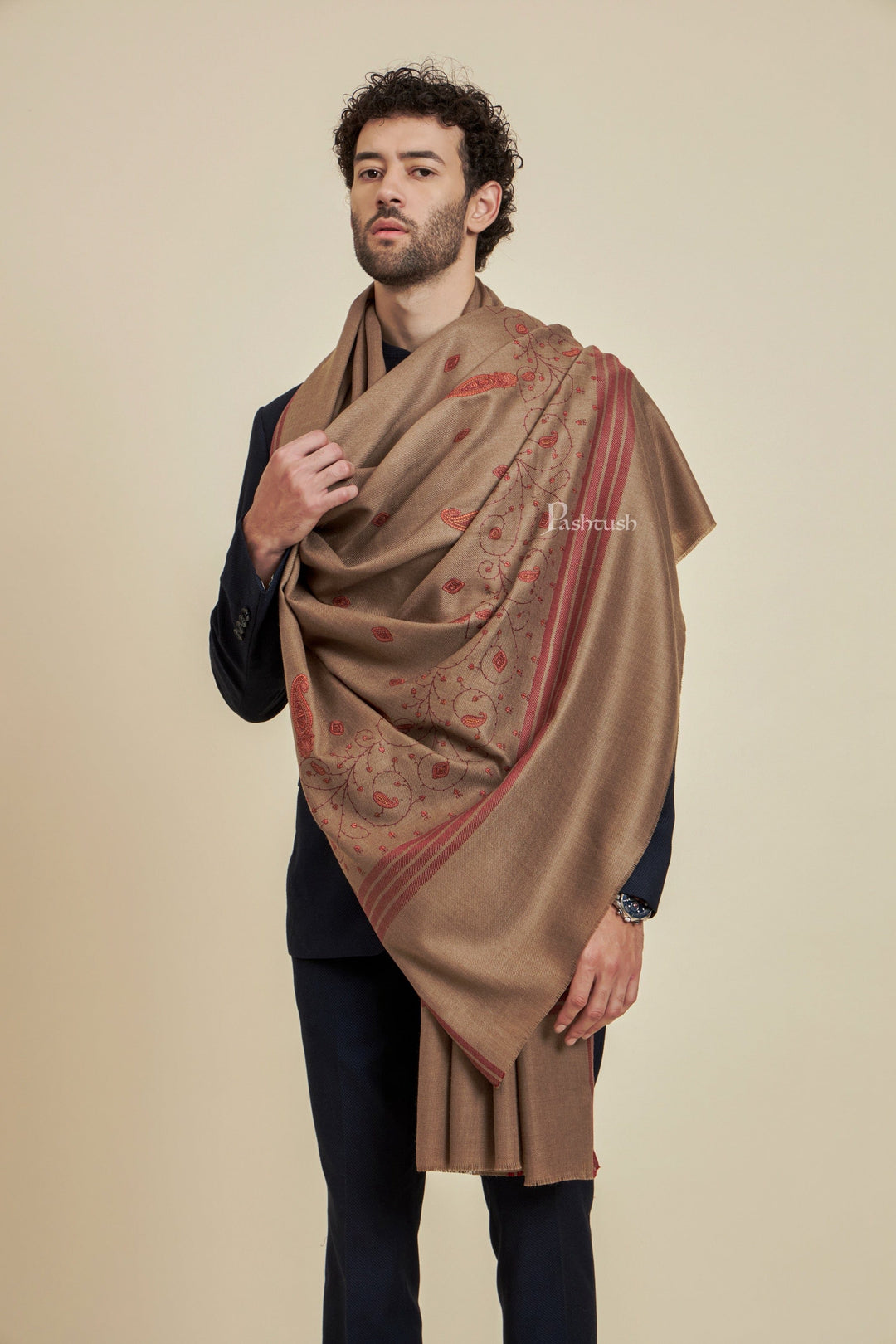 Pashtush India Mens Scarves Stoles and Mufflers Pashtush Mens Fine Wool Shawl,  Design, Taupe