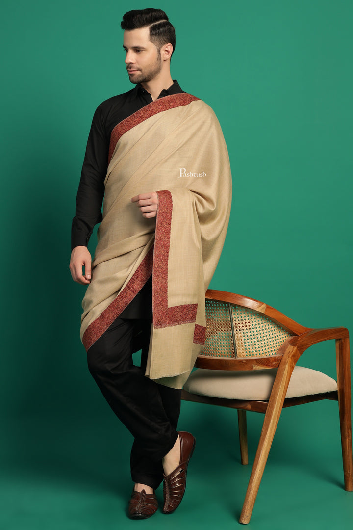 Pashtush India Mens Shawls Gents Shawl Pashtush Mens Fine Wool Shawl, Double Daur Challa Design, Taupe