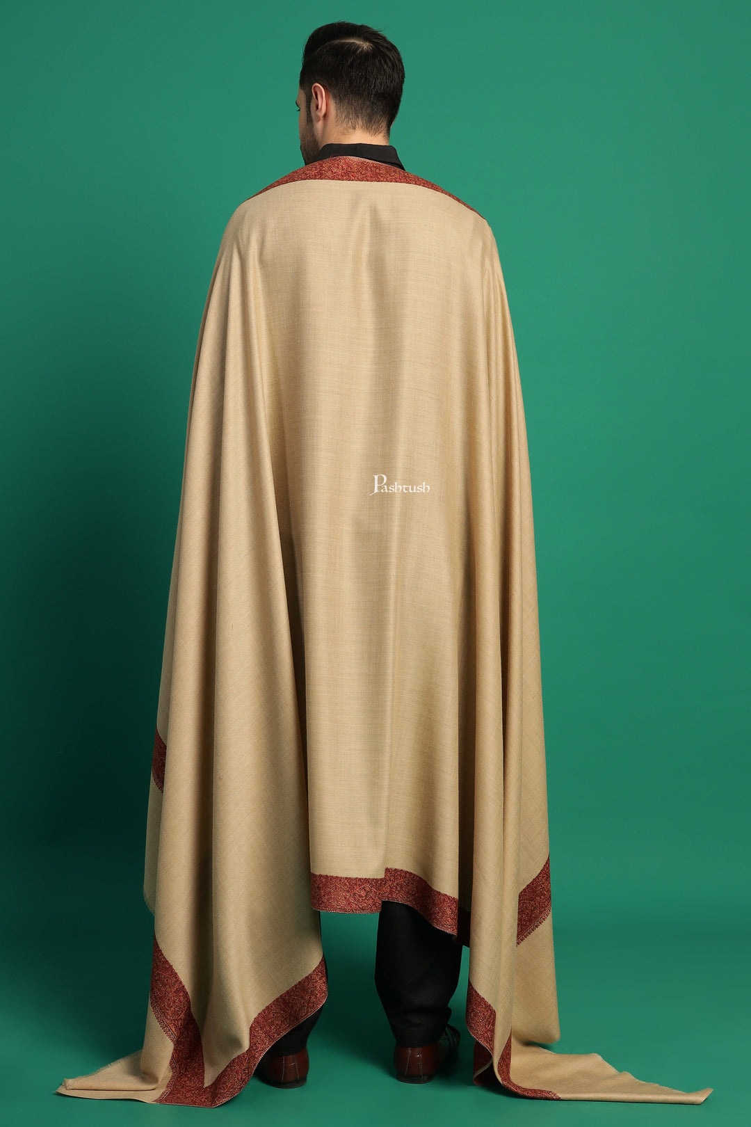 Pashtush India Mens Shawls Gents Shawl Pashtush Mens Fine Wool Shawl, Double Daur Challa Design, Taupe
