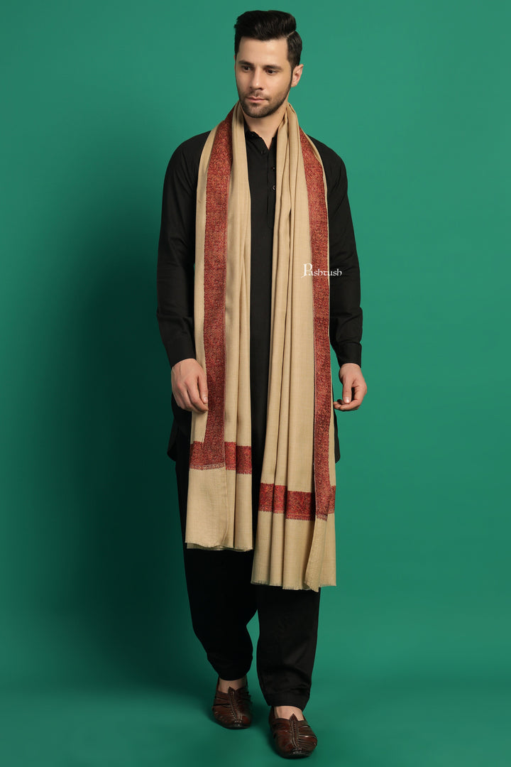 Pashtush India Mens Shawls Gents Shawl Pashtush Mens Fine Wool Shawl, Double Daur Challa Design, Taupe