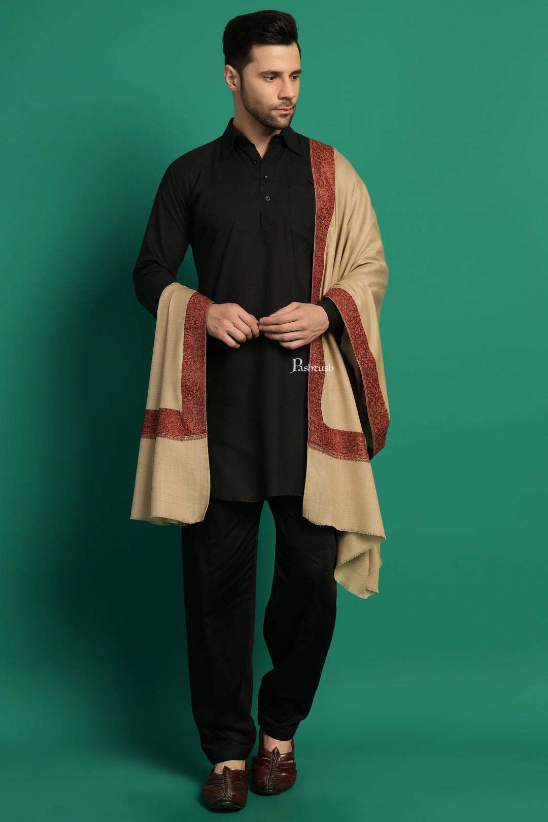 Pashtush India Mens Shawls Gents Shawl Pashtush Mens Fine Wool Shawl, Double Daur Challa Design, Taupe