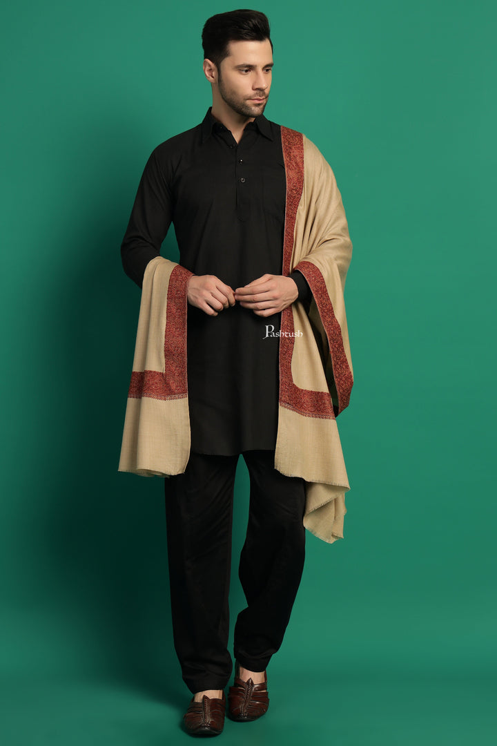 Pashtush India Mens Shawls Gents Shawl Pashtush Mens Fine Wool Shawl, Double Daur Challa Design, Taupe