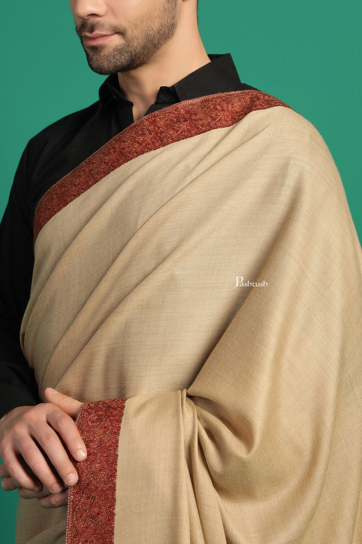 Pashtush India Mens Shawls Gents Shawl Pashtush Mens Fine Wool Shawl, Double Daur Challa Design, Taupe