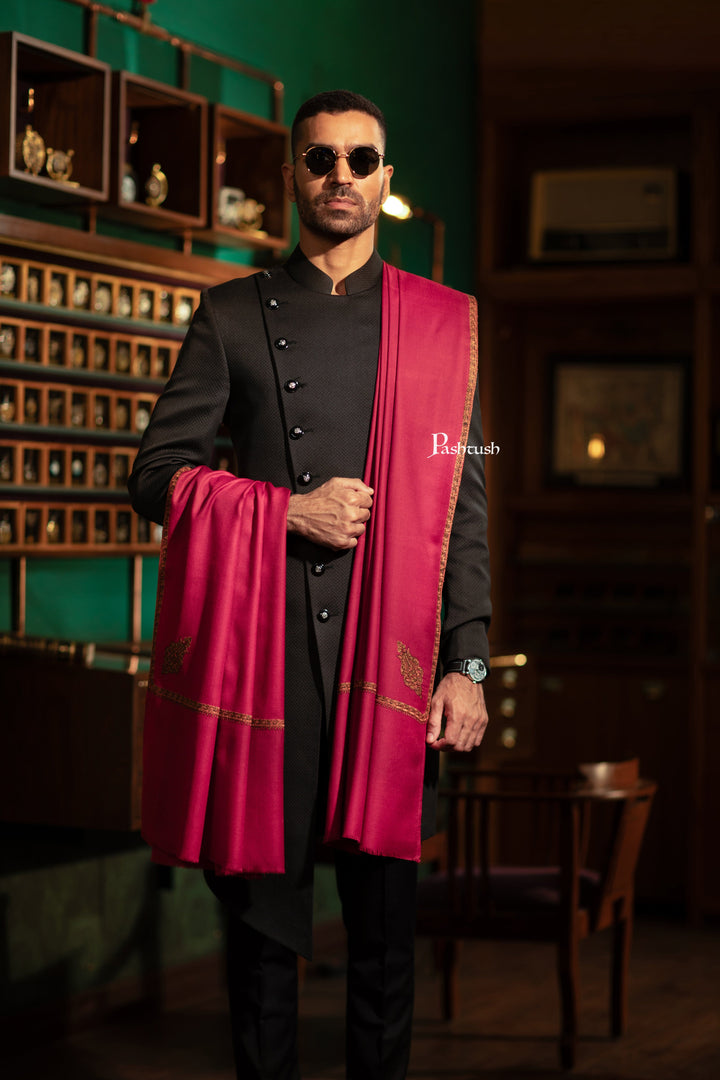 Pashtush India Mens Shawls Gents Shawl Pashtush Mens Fine Wool Shawl, Full Size, Kingri Border Embroidery Design, Maroon
