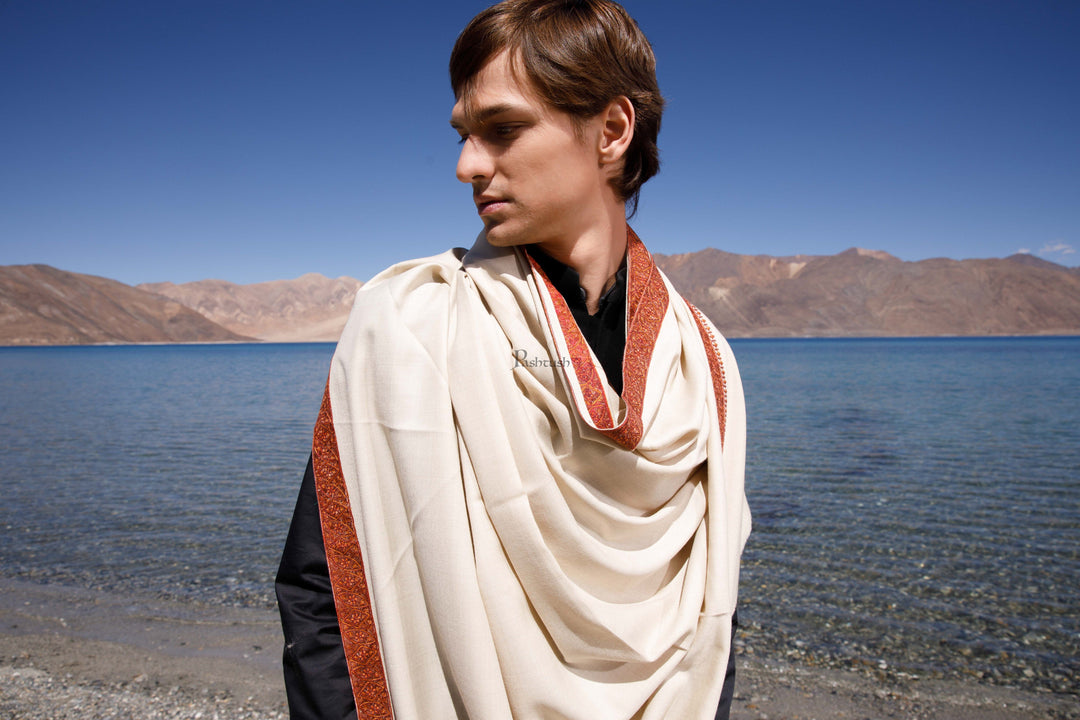 Pashtush India Mens Shawls Gents Shawl Pashtush Mens Fine Wool Shawl, Kashmiri Neemdaur Embroidery Design, Beige