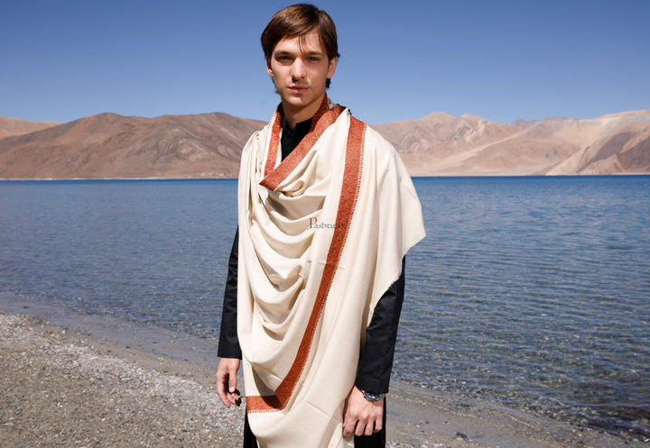 Pashtush India Mens Shawls Gents Shawl Pashtush Mens Fine Wool Shawl, Kashmiri Neemdaur Embroidery Design, Beige