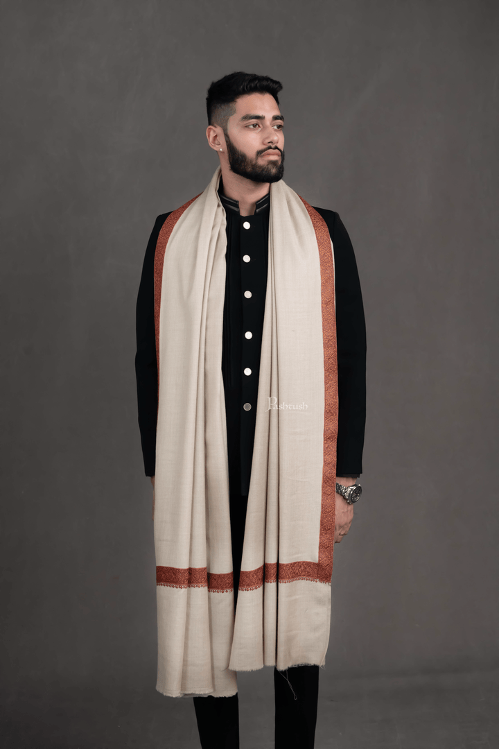 Pashtush India Mens Shawls Gents Shawl Pashtush Mens Fine Wool Shawl, Kashmiri Neemdaur Embroidery Design, Beige