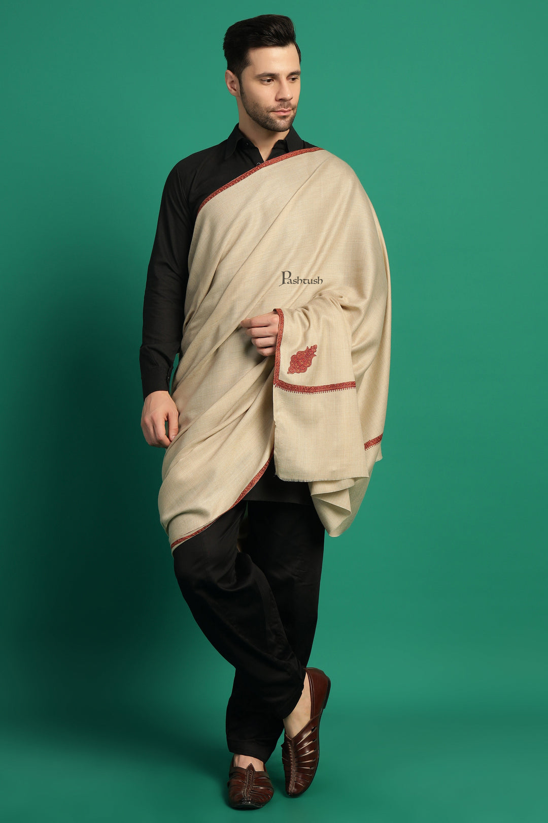 Pashtush India Mens Shawls Gents Shawl Pashtush Mens Fine Wool Shawl, Kingri Design, Beige
