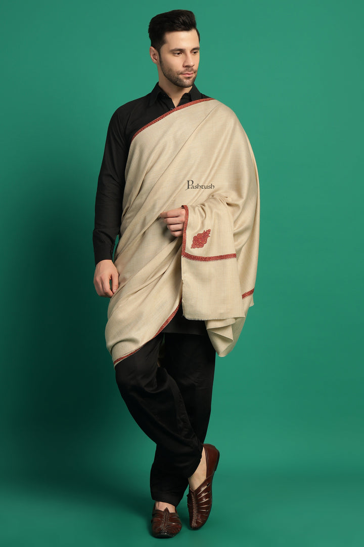 Pashtush India Mens Shawls Gents Shawl Pashtush Mens Fine Wool Shawl, Kingri Design, Beige
