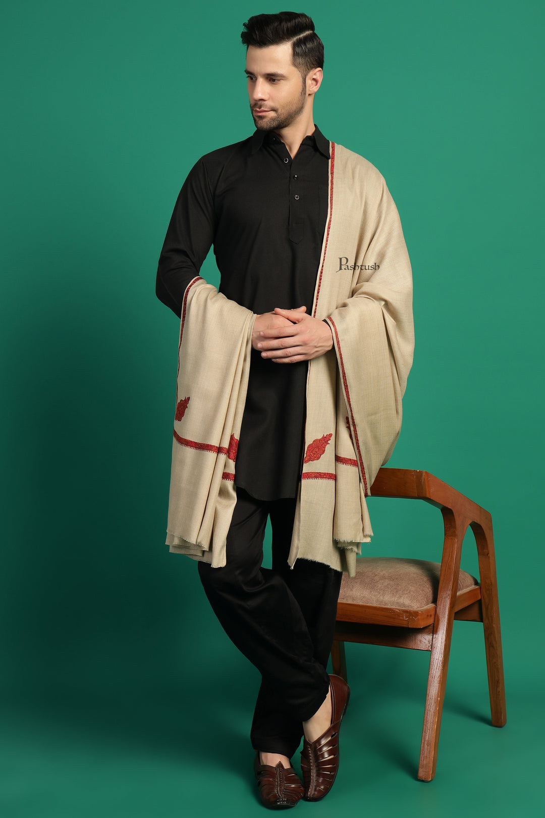Pashtush India Mens Shawls Gents Shawl Pashtush Mens Fine Wool Shawl, Kingri Design, Beige