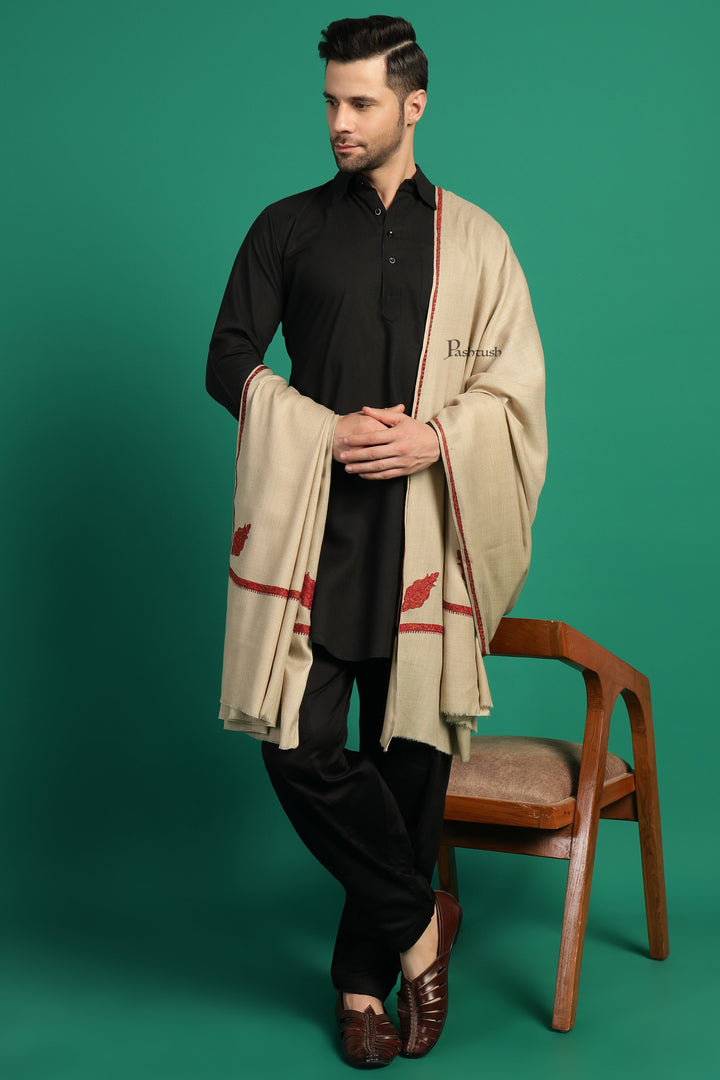 Pashtush India Mens Shawls Gents Shawl Pashtush Mens Fine Wool Shawl, Kingri Design, Beige