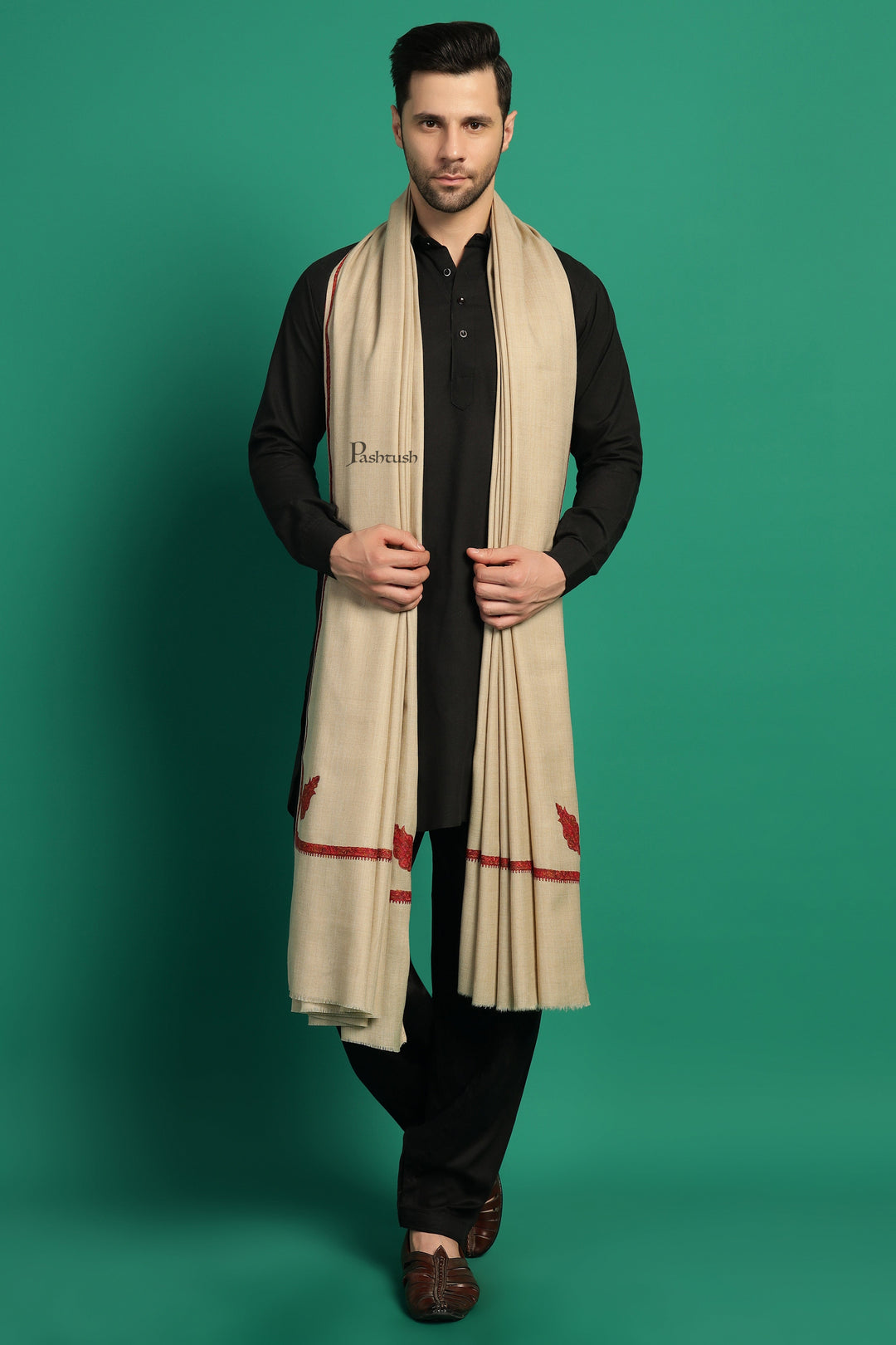Pashtush India Mens Shawls Gents Shawl Pashtush Mens Fine Wool Shawl, Kingri Design, Beige