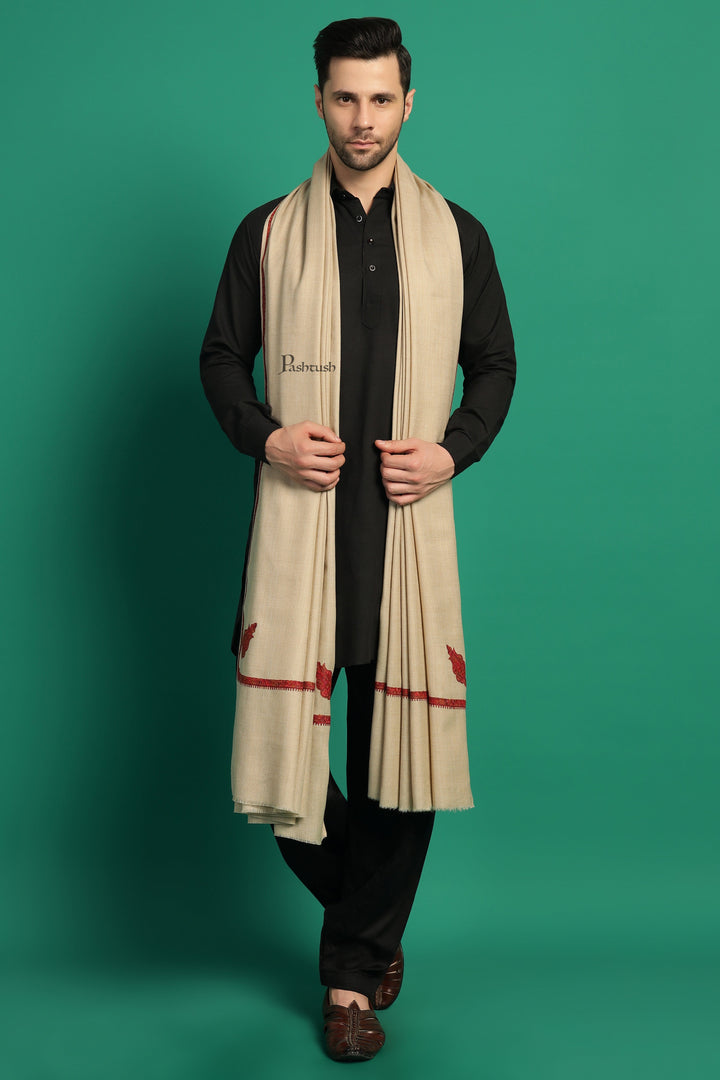 Pashtush India Mens Shawls Gents Shawl Pashtush Mens Fine Wool Shawl, Kingri Design, Beige