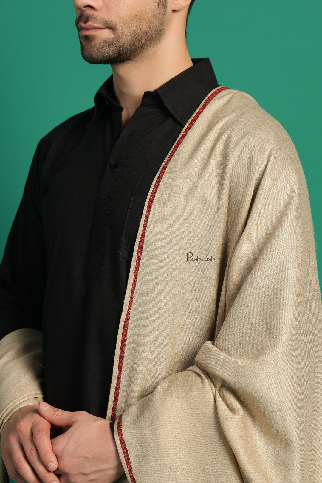 Pashtush India Mens Shawls Gents Shawl Pashtush Mens Fine Wool Shawl, Kingri Design, Beige
