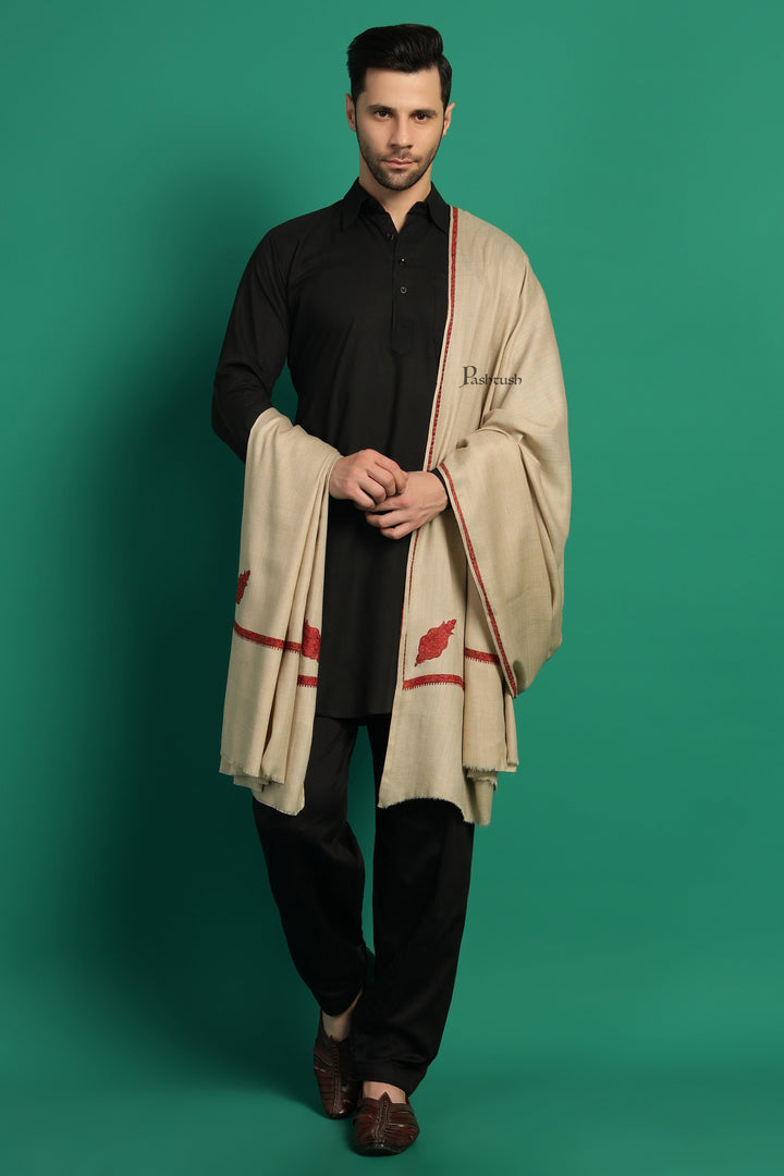 Pashtush India Mens Shawls Gents Shawl Pashtush Mens Fine Wool Shawl, Kingri Design, Beige