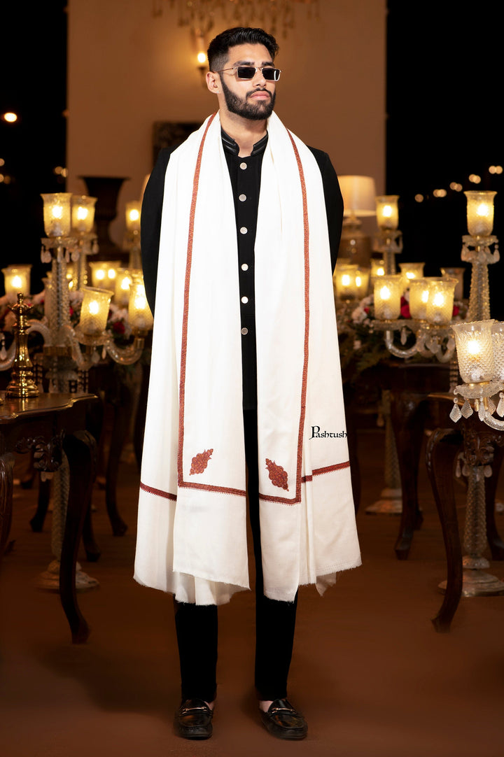 Pashtush India Mens Shawls Gents Shawl Pashtush Mens Fine Wool Shawl, Kingri Design, Ivory
