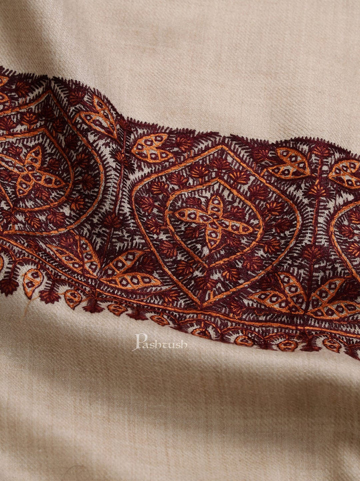 Pashtush India Mens Scarves Stoles and Mufflers Pashtush mens Fine Wool shawl, multicolour embroidery border design, Beige