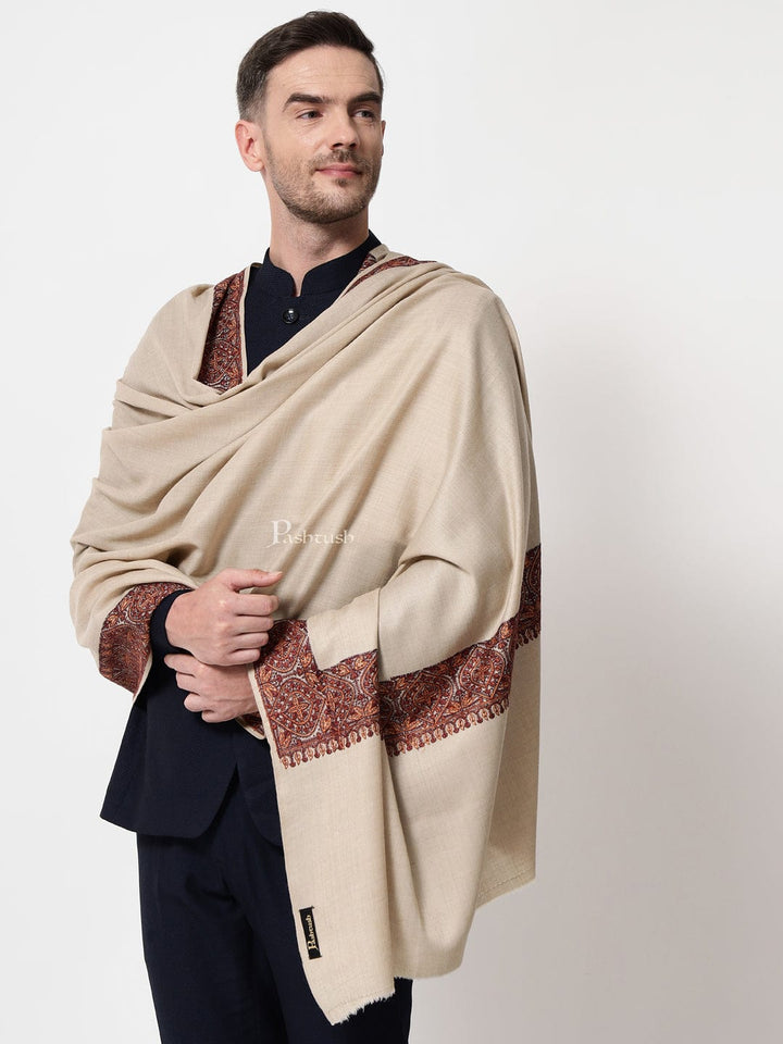 Pashtush India Mens Scarves Stoles and Mufflers Pashtush mens Fine Wool shawl, multicolour embroidery border design, Beige