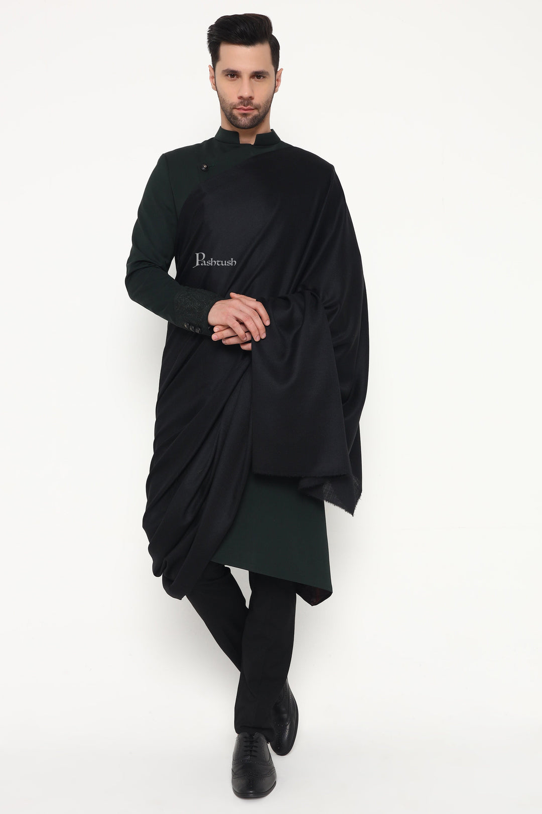 Pashtush India Mens Shawls Gents Shawl Pashtush Mens Fine Wool Shawl, Paisley Design, Black