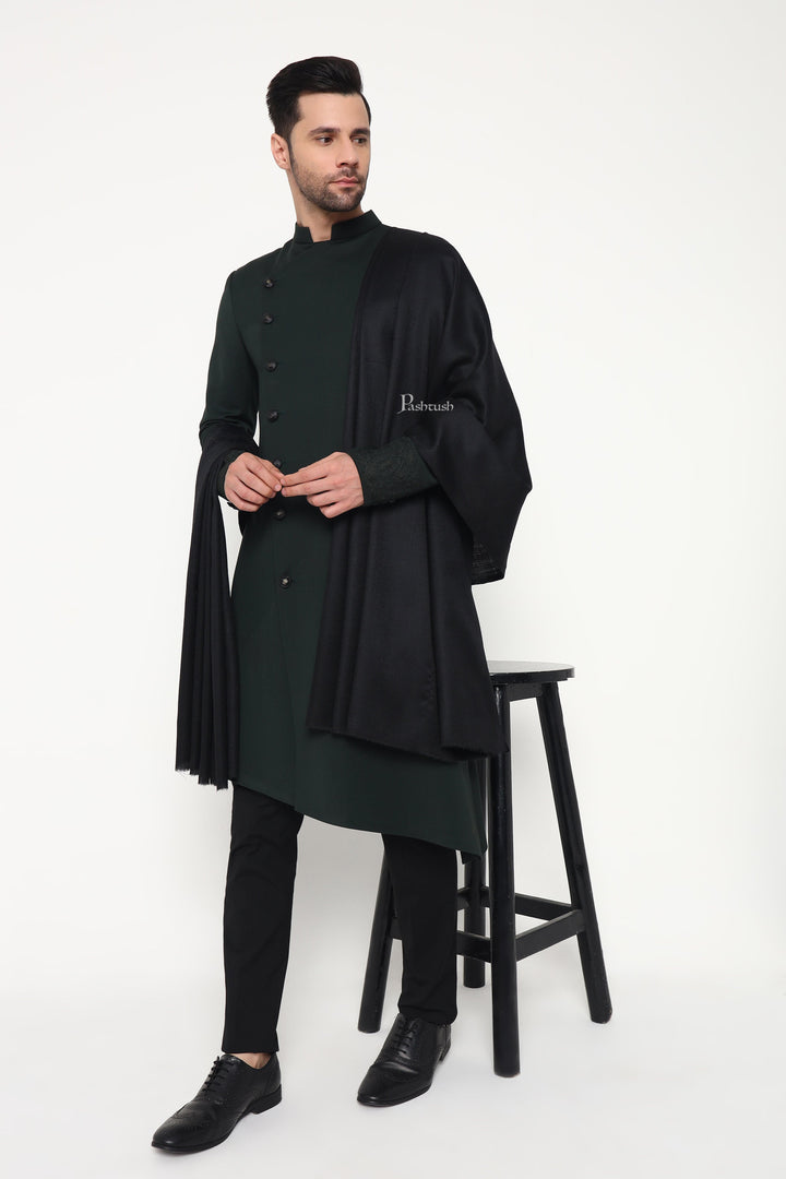 Pashtush India Mens Shawls Gents Shawl Pashtush Mens Fine Wool Shawl, Paisley Design, Black